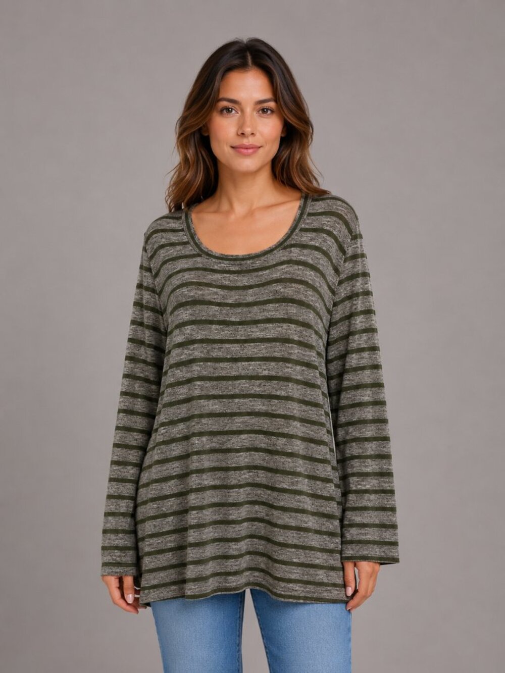 Faded Glory Women’s L 12-14 Gray Green Striped Long Sleeve Tunic Top